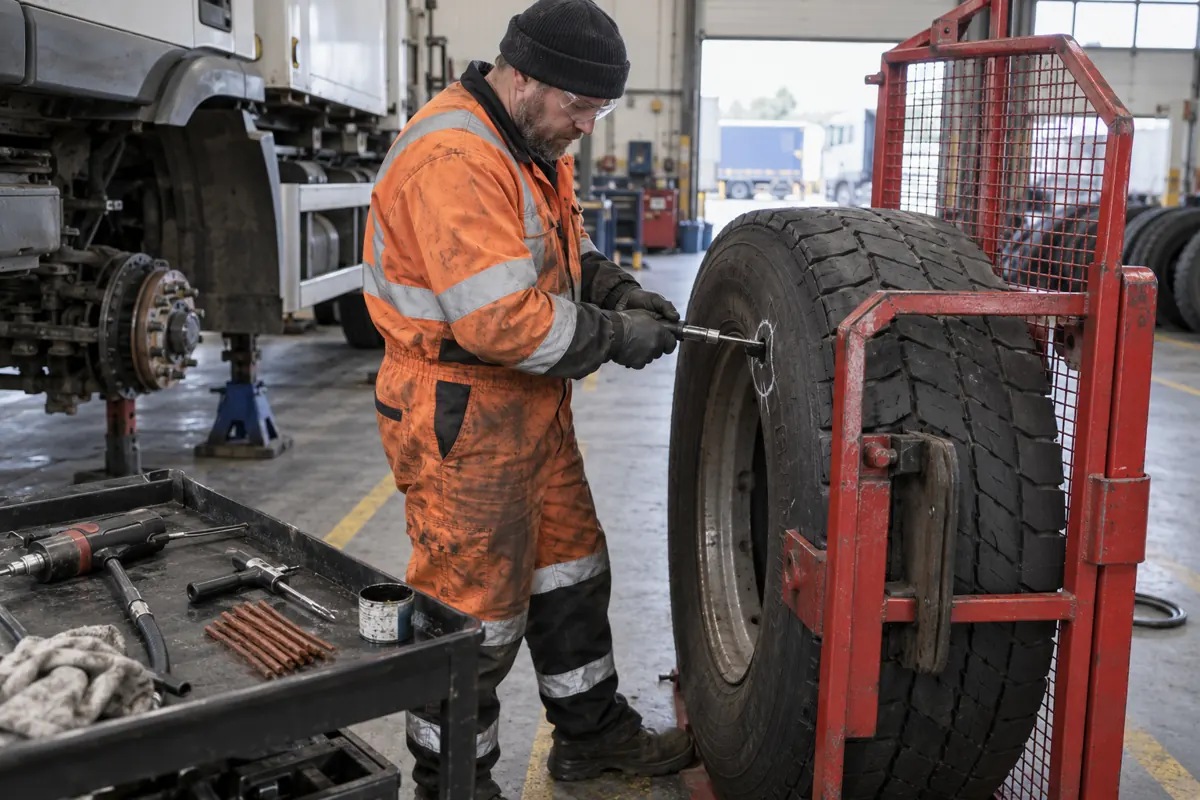 Heavy commercial tyre being handled with workshop equipment