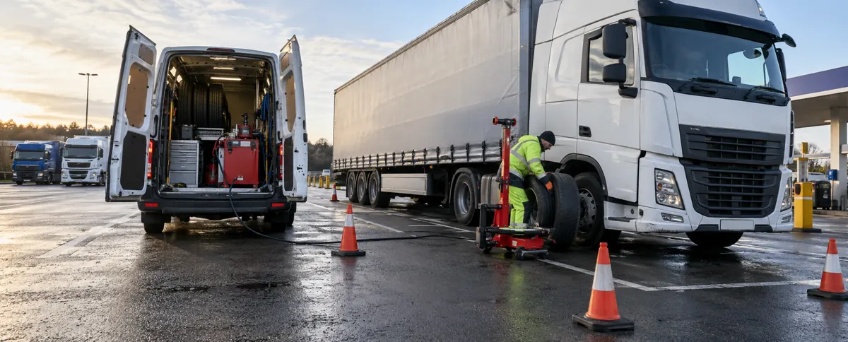Mobile commercial tyre service vehicle beside an articulated lorry