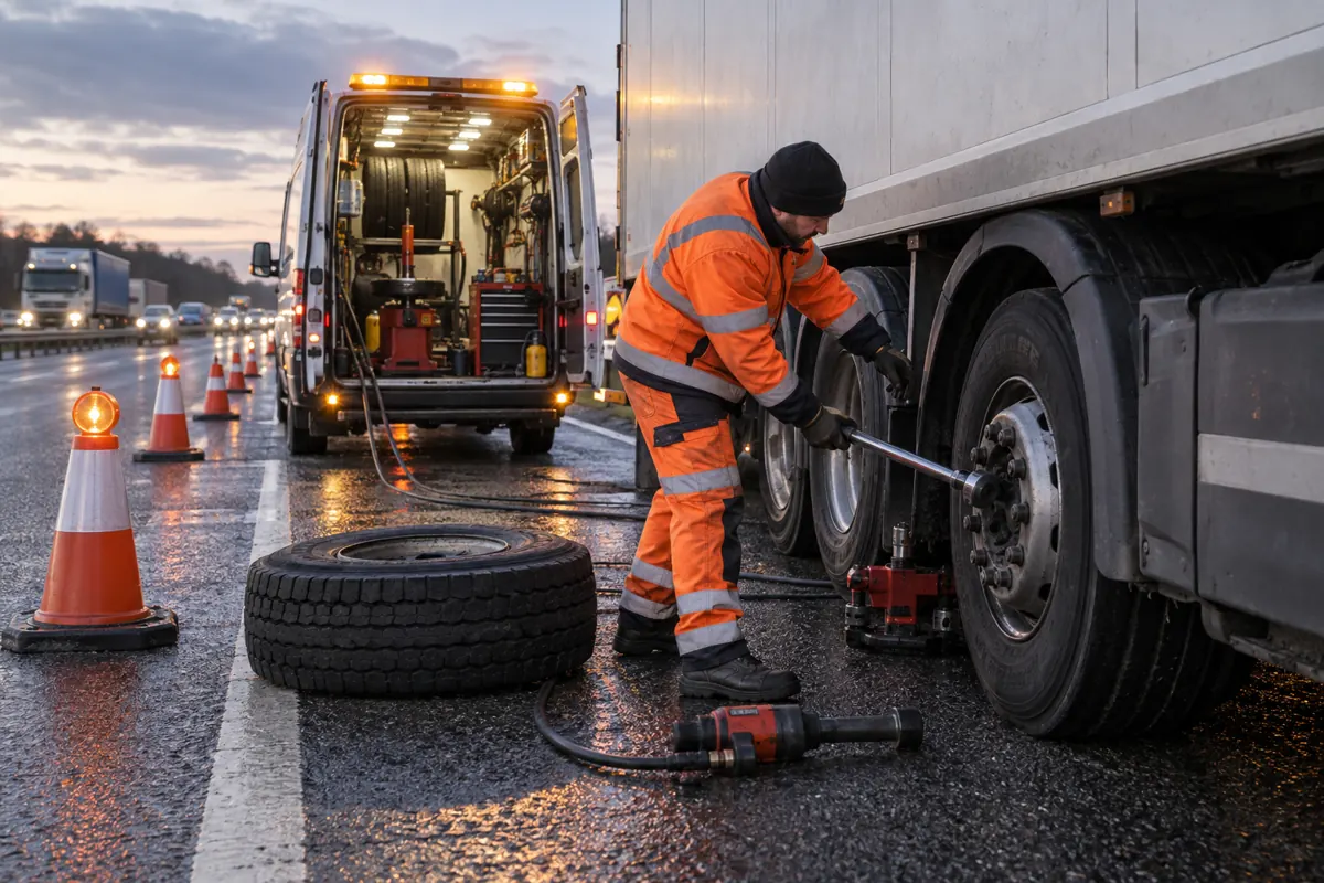Tyre fitter beside the rear wheels of a parked lorry