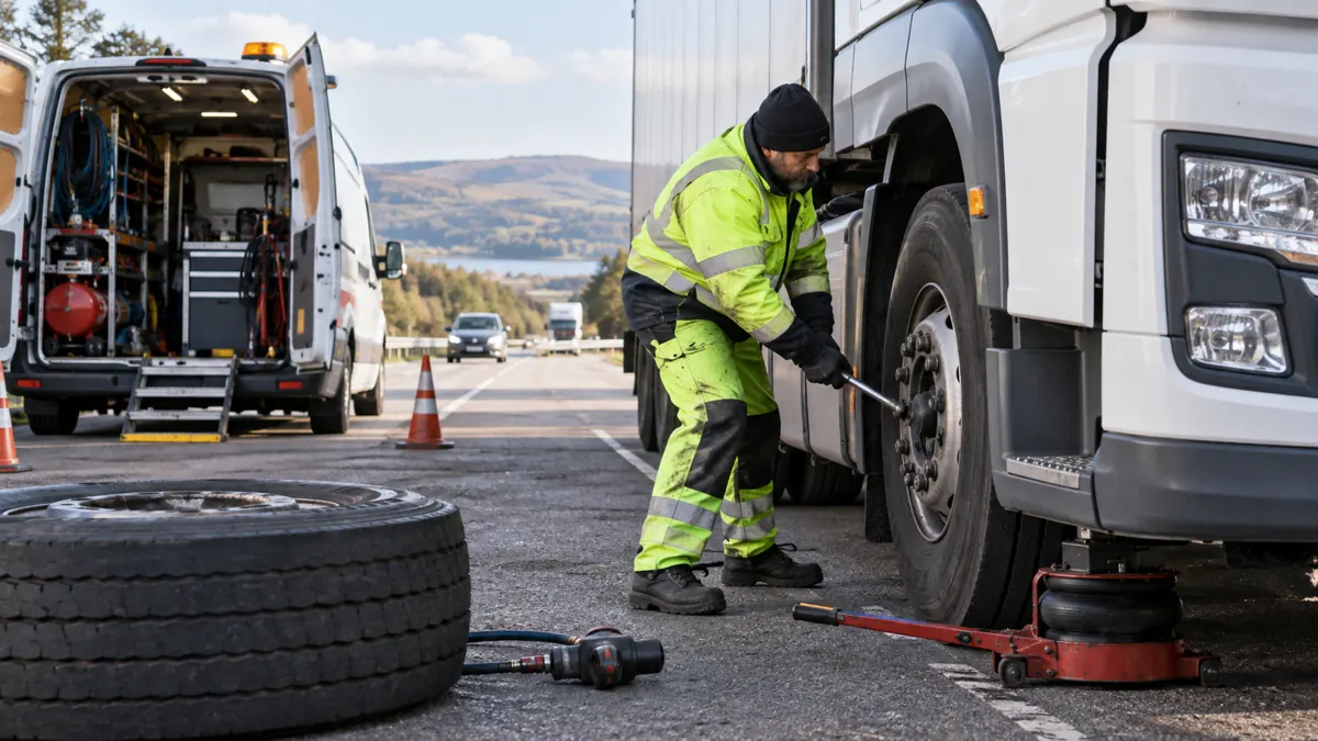 Mobile tyre van and fitter beside a stopped HGV