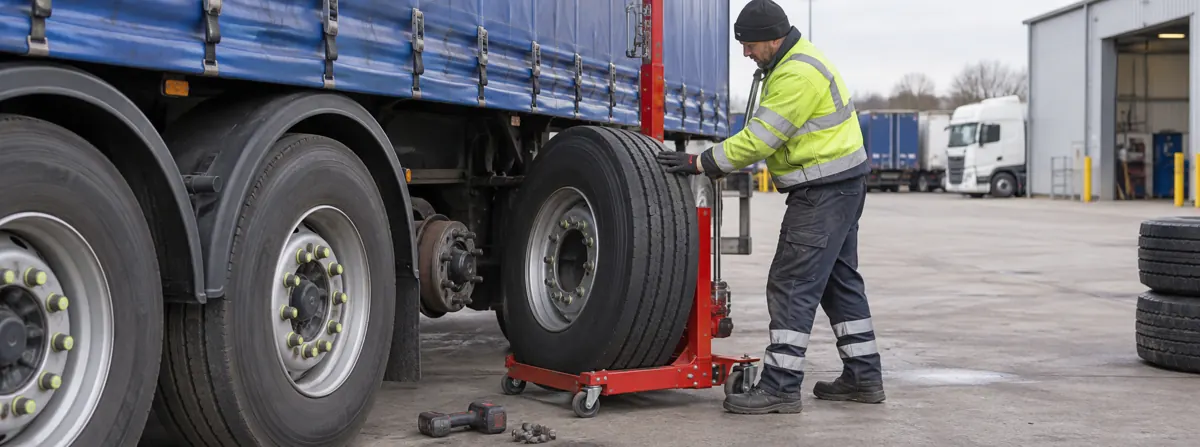 Technician working at the wheels of a semi-trailer in a yard