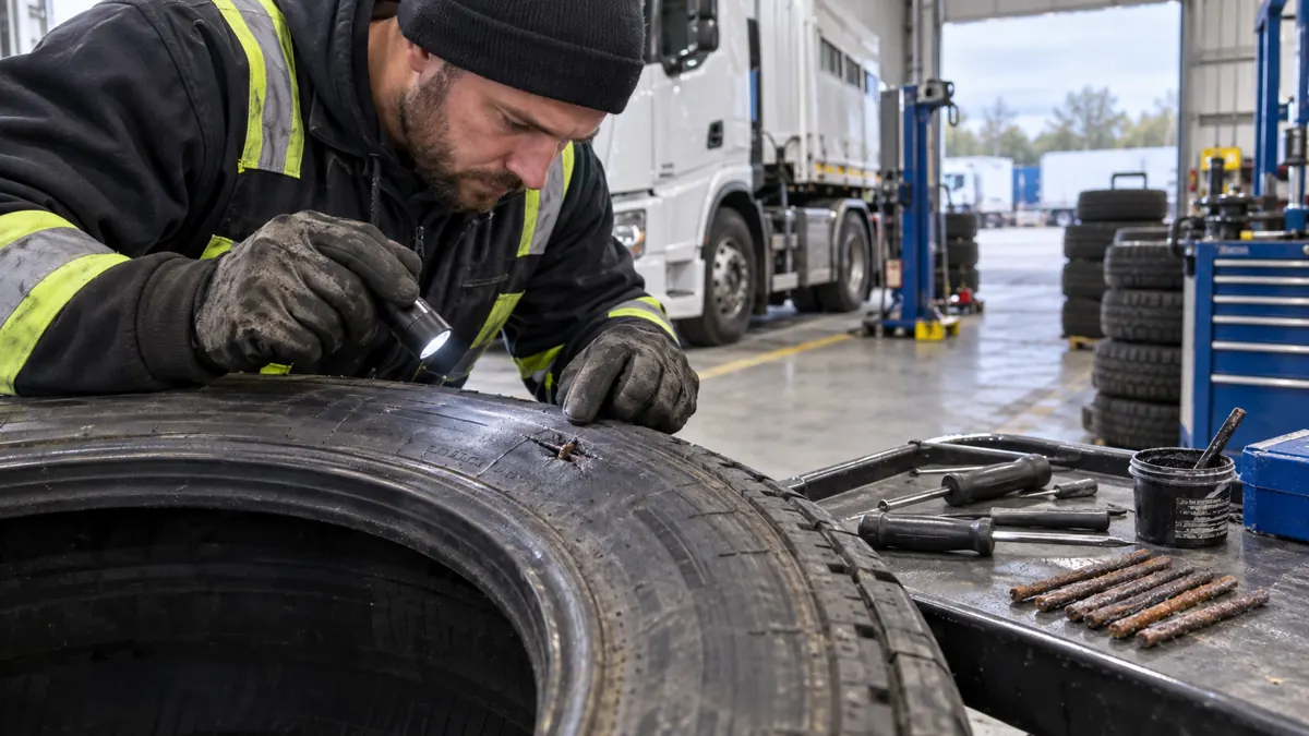 Technician examining the tread of a removed commercial tyre