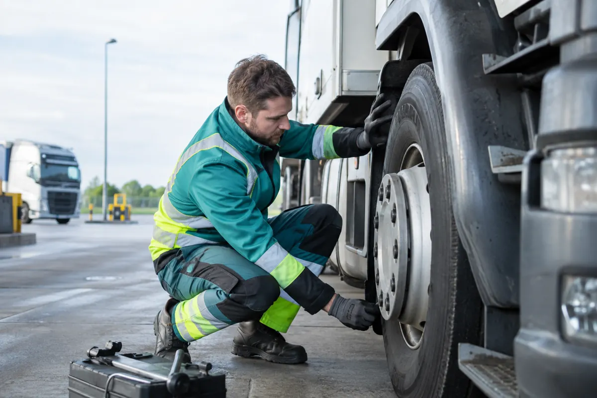 Technician checking a lorry wheel and tyre